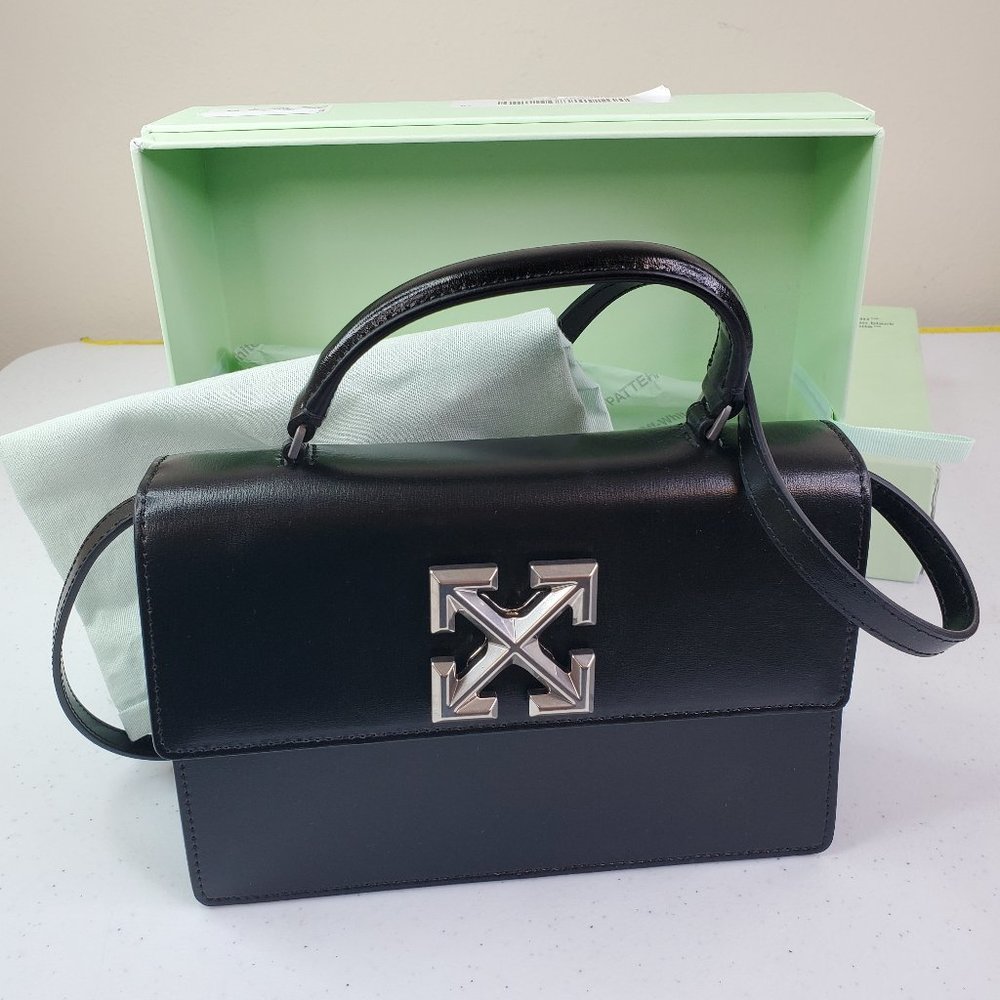 Off-White Womens Black Silver Twist Jitney 2.8 Leather Top Handle Handbag